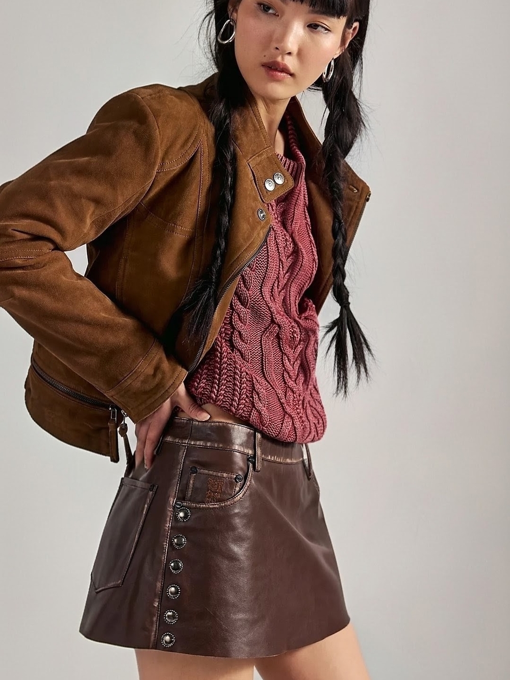 NWT One Teaspoon Axel Brown Leather Studded Mini Skirt Back Pockets Zip Back XS